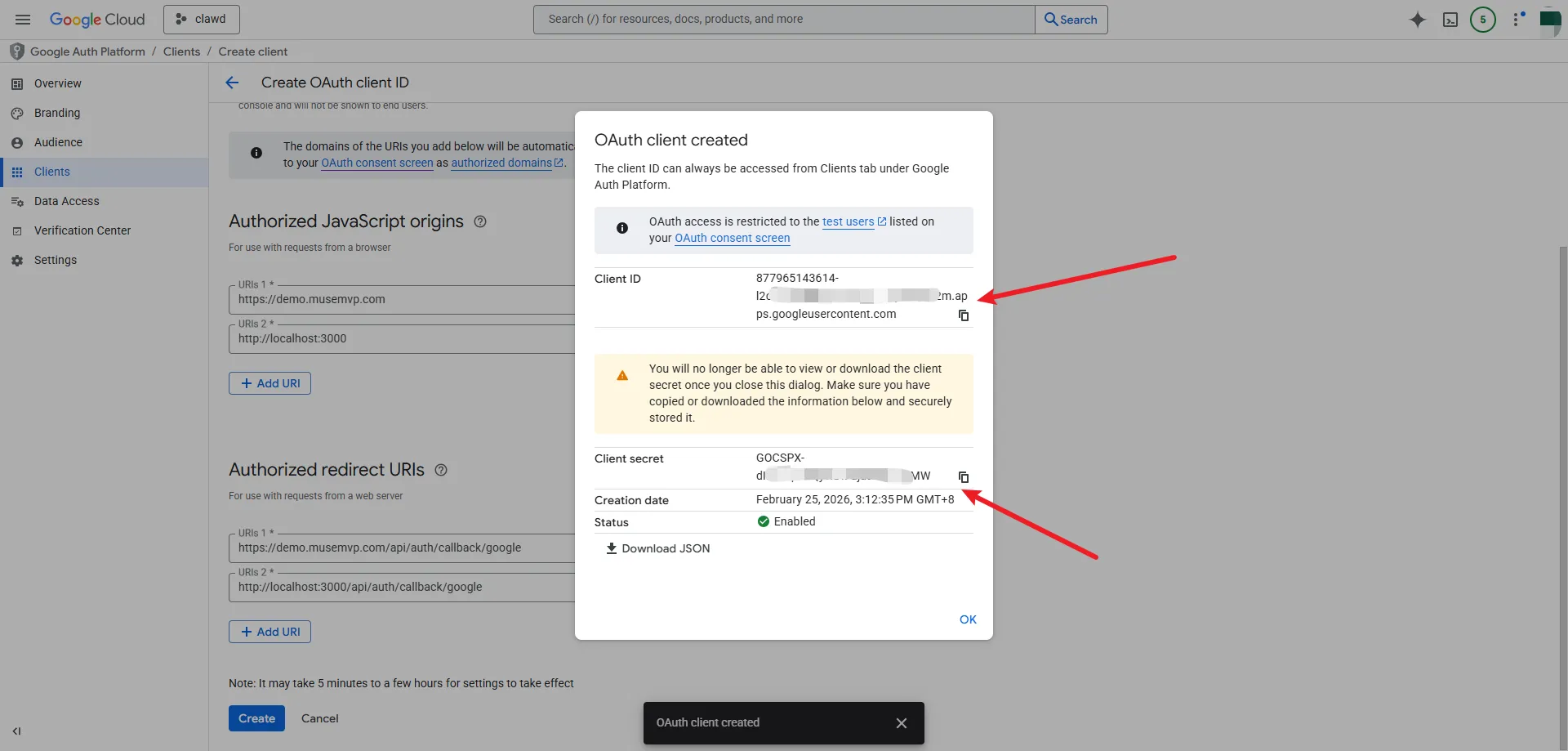 Google OAuth App Client ID and Client Secret